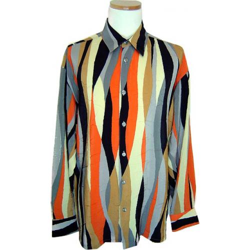 Bassiri Orange/Cream/Navy Micro Fiber Long Sleeves Shirt #4511
